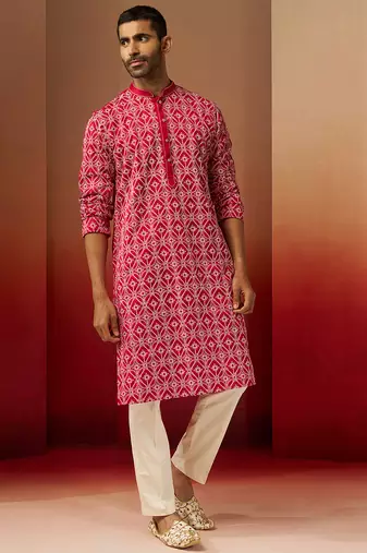 red linen silk kurta with cream pants - designer set