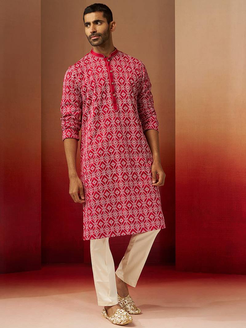 red linen silk kurta with cream pants - designer set
