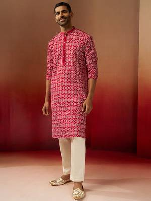 red linen silk kurta with cream pants - designer set 4
