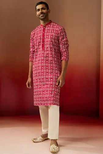 red linen silk kurta with cream pants - designer set