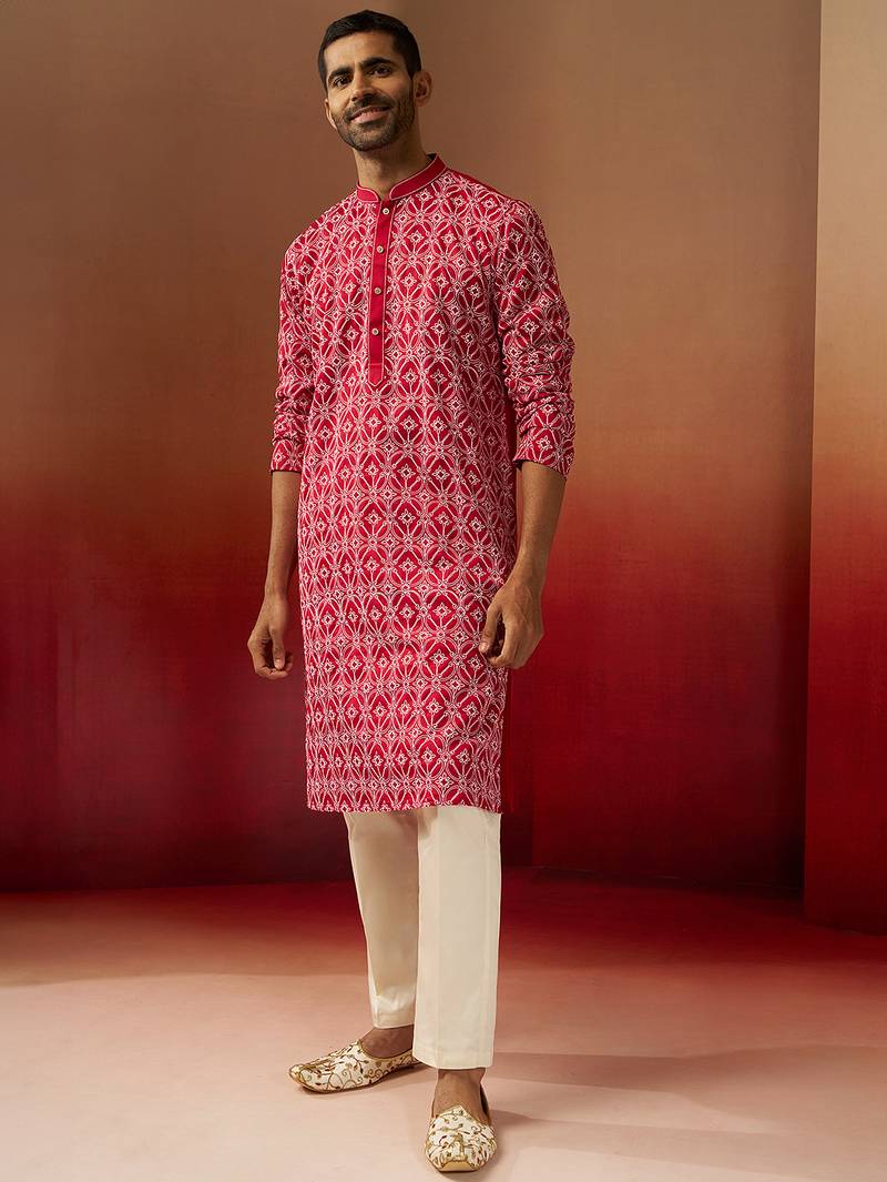 red linen silk kurta with cream pants - designer set