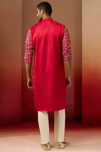 red linen silk kurta with cream pants - designer set