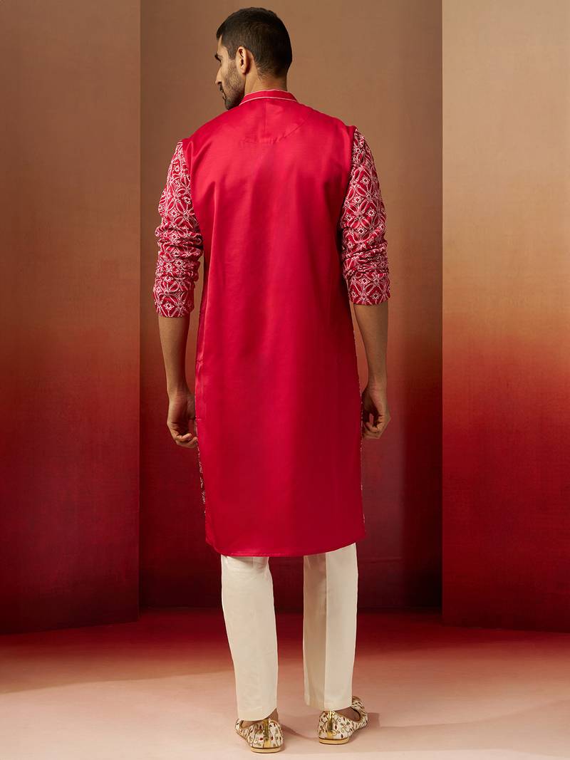 red linen silk kurta with cream pants - designer set