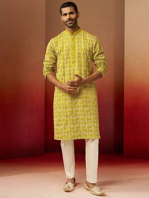 green thread embroidered kurta with pyjama - geometric traditional set 1