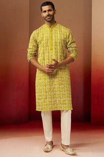 green thread embroidered kurta with pyjama - geometric traditional set