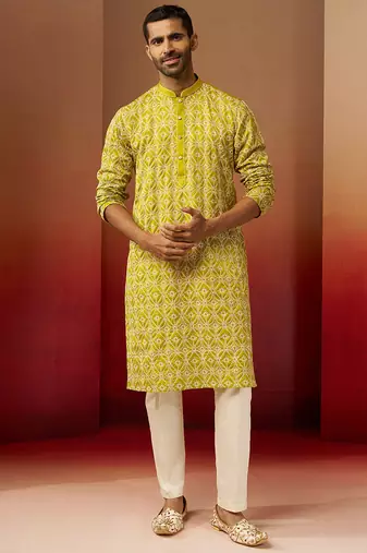 green thread embroidered kurta with pyjama - geometric traditional set