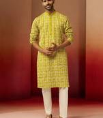 green thread embroidered kurta with pyjama - geometric traditional set