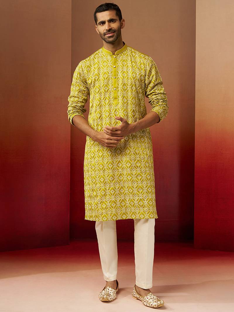 green thread embroidered kurta with pyjama - geometric traditional set