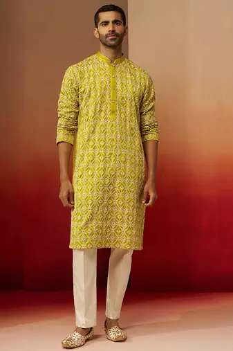 green thread embroidered kurta with pyjama - geometric traditional set