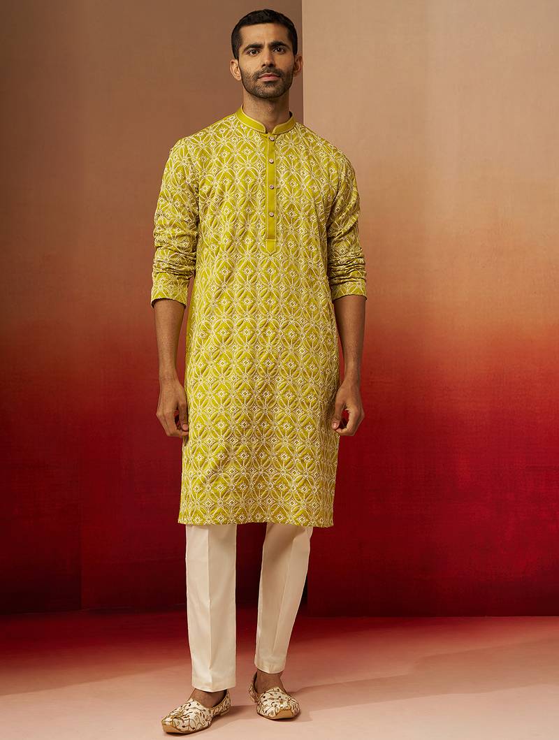 green thread embroidered kurta with pyjama - geometric traditional set