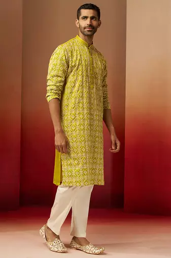 green thread embroidered kurta with pyjama - geometric traditional set