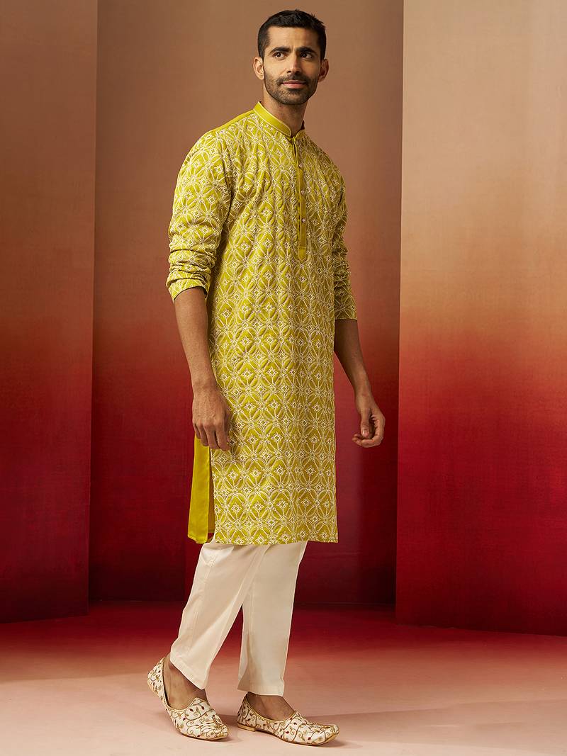 green thread embroidered kurta with pyjama - geometric traditional set