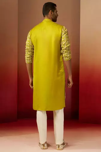green thread embroidered kurta with pyjama - geometric traditional set