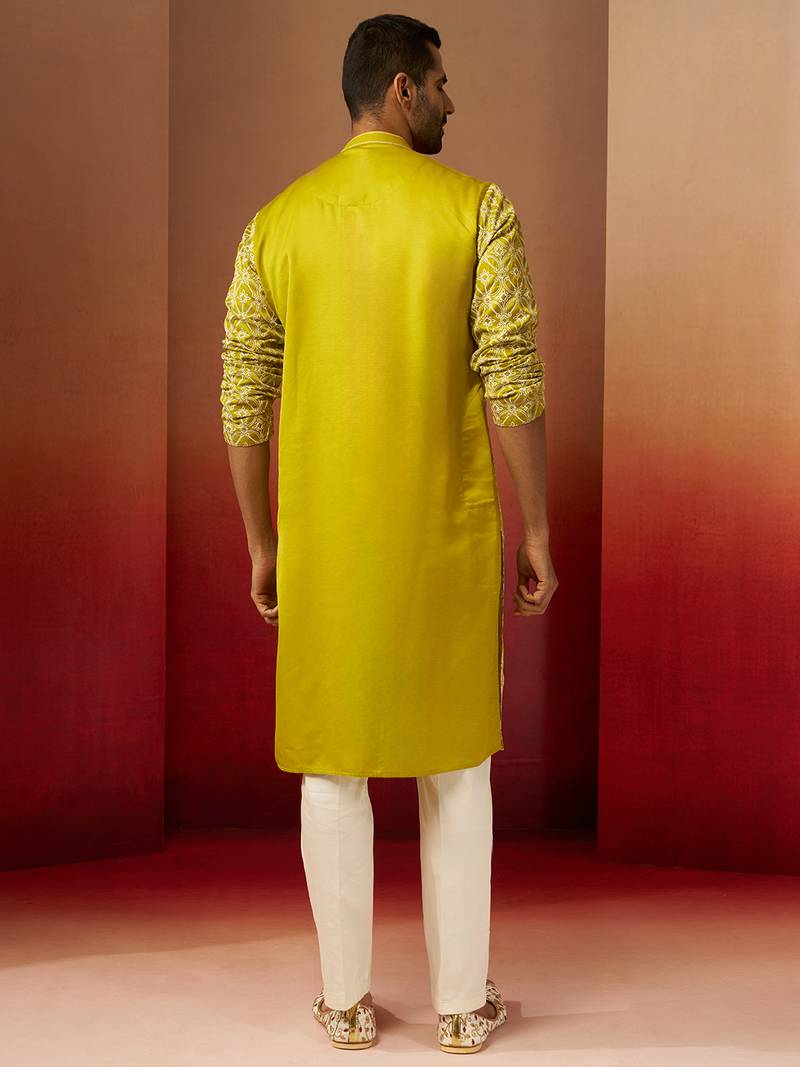 green thread embroidered kurta with pyjama - geometric traditional set