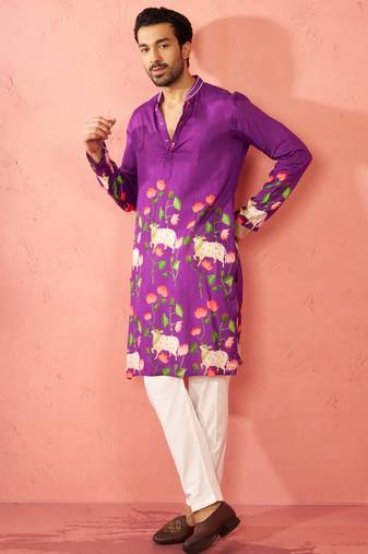 Purple dola silk digital print kurta with cream pyjama - festive set