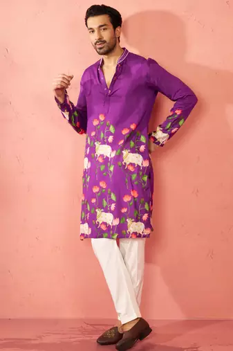 Purple dola silk digital print kurta with cream pyjama - festive set