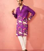 Purple dola silk digital print kurta with cream pyjama - festive set