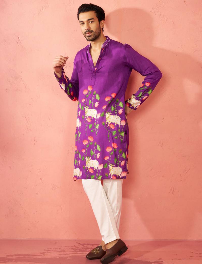 Purple dola silk digital print kurta with cream pyjama - festive set