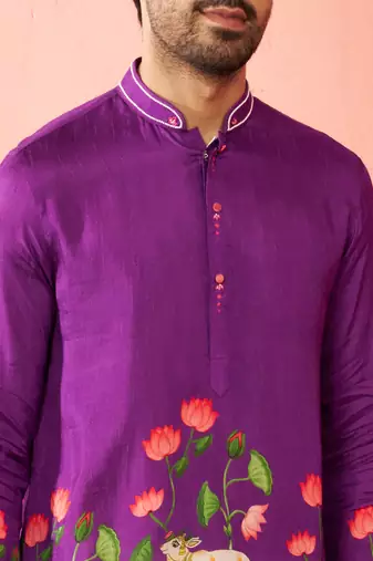 Purple dola silk digital print kurta with cream pyjama - festive set