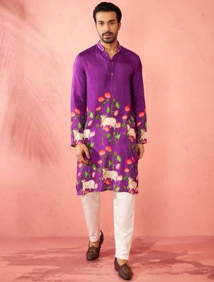 Purple dola silk digital print kurta with cream pyjama - festive set 3