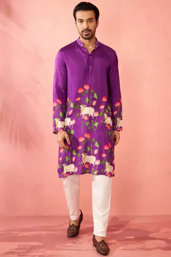 Purple dola silk digital print kurta with cream pyjama - festive set