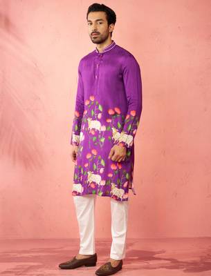 Purple dola silk digital print kurta with cream pyjama - festive set 4