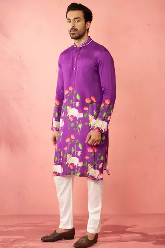 Purple dola silk digital print kurta with cream pyjama - festive set