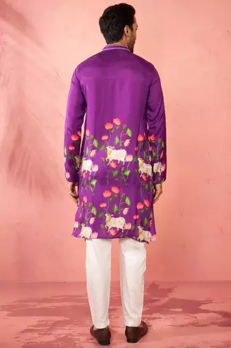 Purple dola silk digital print kurta with cream pyjama - festive set