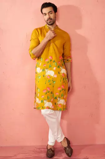 Mustard dola silk digital print kurta with cream pyjama - festive set