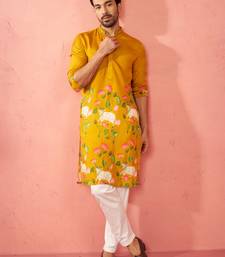 Mustard dola silk digital print kurta with cream pyjama - festive set