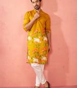Mustard dola silk digital print kurta with cream pyjama - festive set