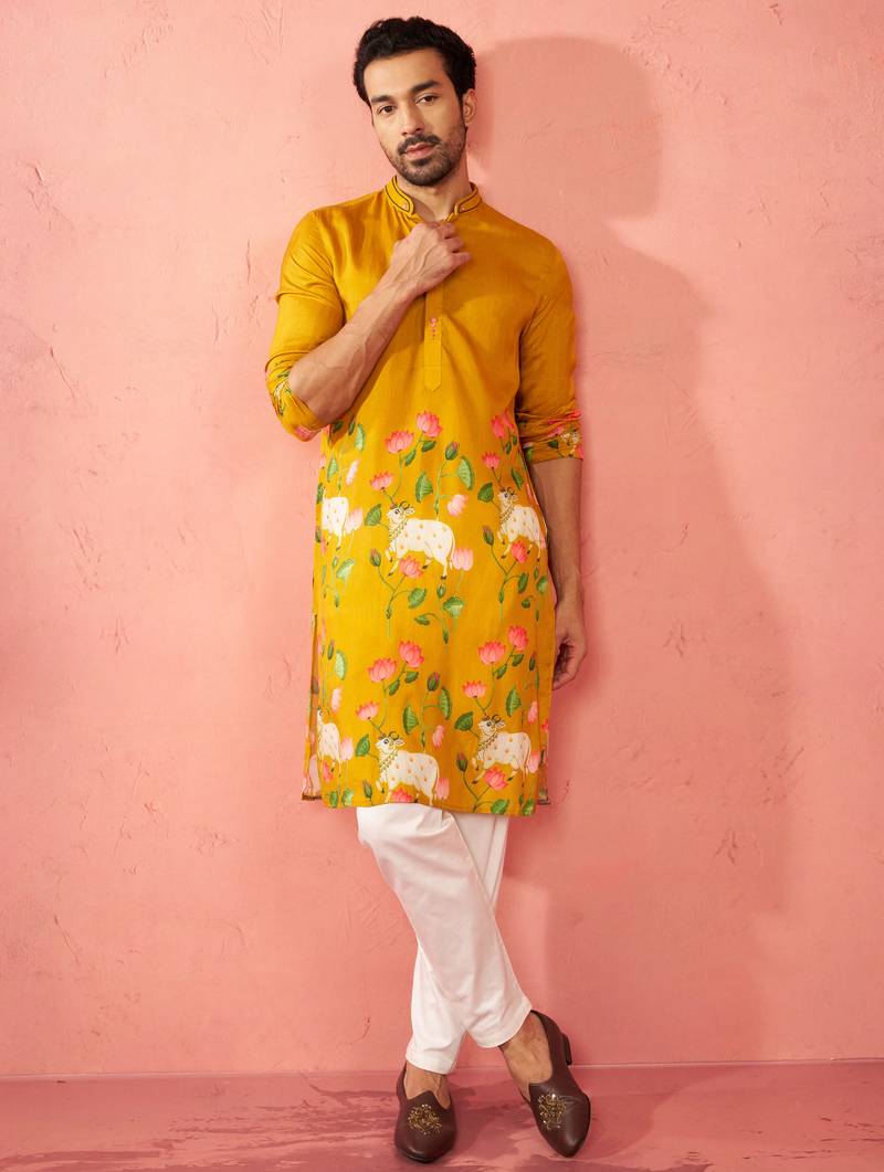 Mustard dola silk digital print kurta with cream pyjama - festive set