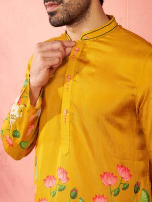 Mustard dola silk digital print kurta with cream pyjama - festive set 2