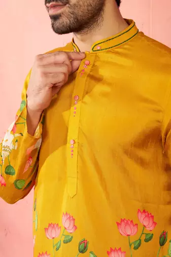 Mustard dola silk digital print kurta with cream pyjama - festive set