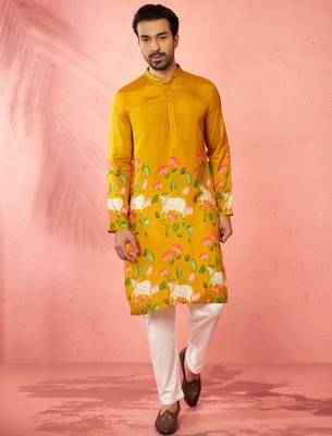 Mustard dola silk digital print kurta with cream pyjama - festive set 3