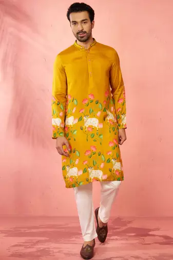 Mustard dola silk digital print kurta with cream pyjama - festive set