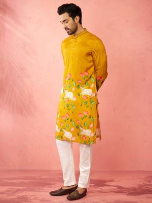Mustard dola silk digital print kurta with cream pyjama - festive set 4