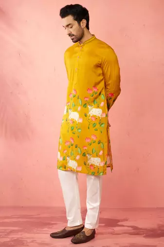 Mustard dola silk digital print kurta with cream pyjama - festive set