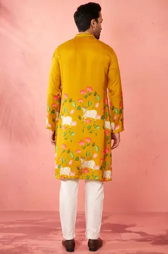 Mustard dola silk digital print kurta with cream pyjama - festive set