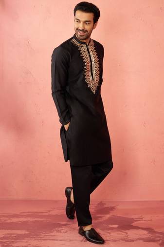 Black fine satin kurta with pyjama - traditional embroidered festive set