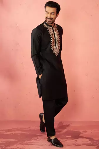 Black fine satin kurta with pyjama - traditional embroidered festive set