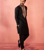 Black fine satin kurta with pyjama - traditional embroidered festive set