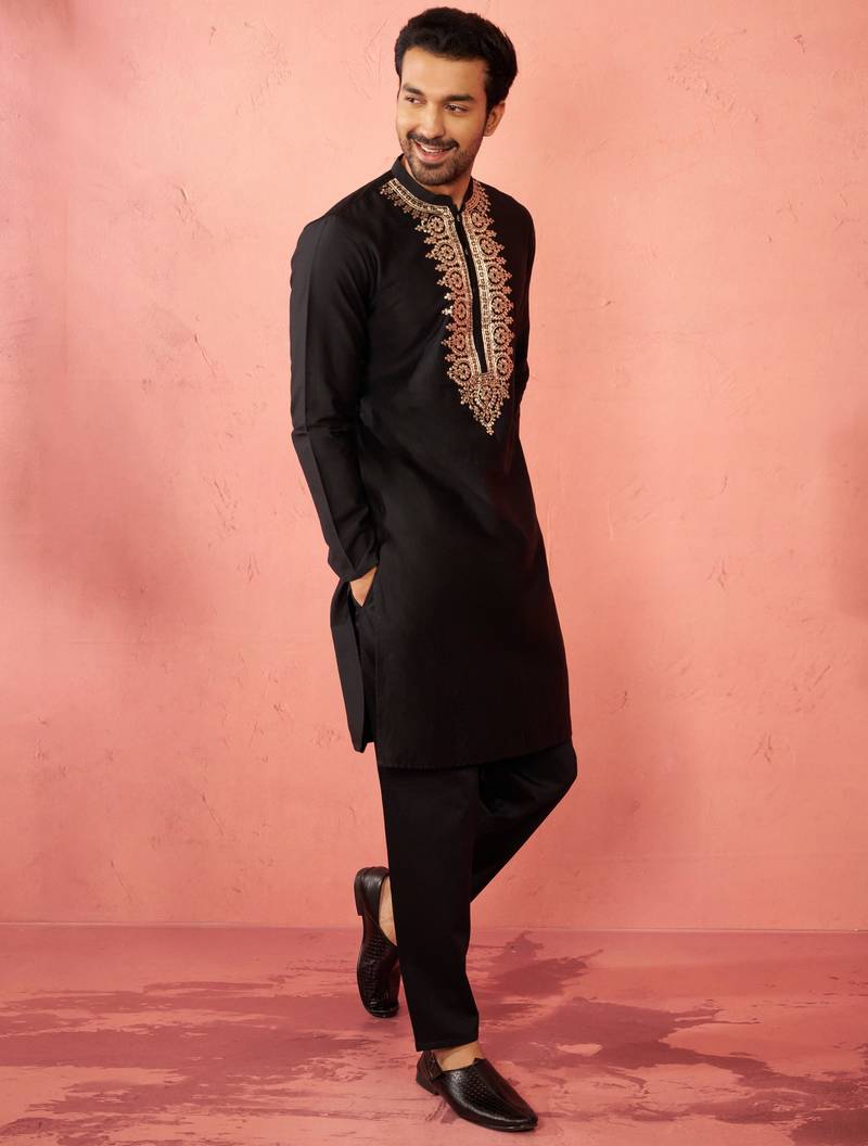 Black fine satin kurta with pyjama - traditional embroidered festive set