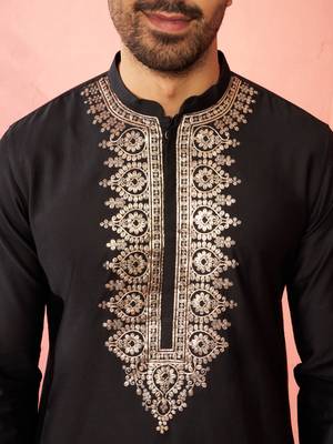 Black fine satin kurta with pyjama - traditional embroidered festive set 2