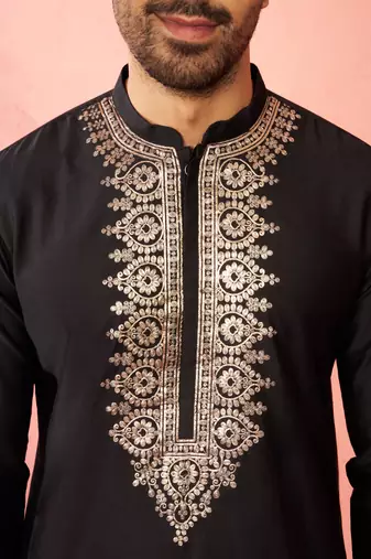 Black fine satin kurta with pyjama - traditional embroidered festive set