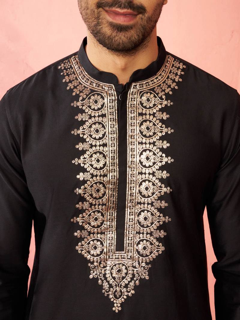 Black fine satin kurta with pyjama - traditional embroidered festive set