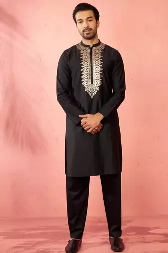 Black fine satin kurta with pyjama - traditional embroidered festive set