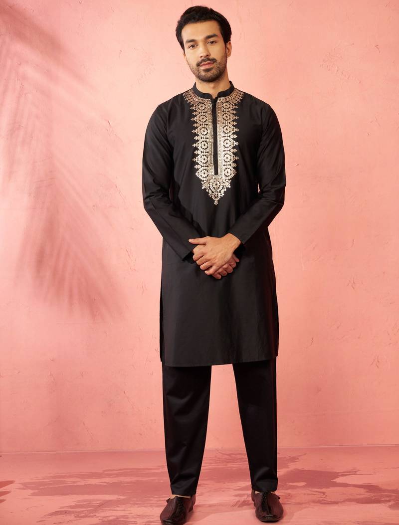 Black fine satin kurta with pyjama - traditional embroidered festive set