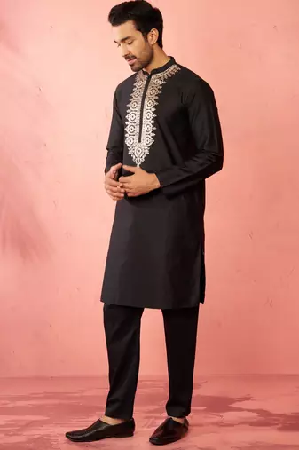 Black fine satin kurta with pyjama - traditional embroidered festive set