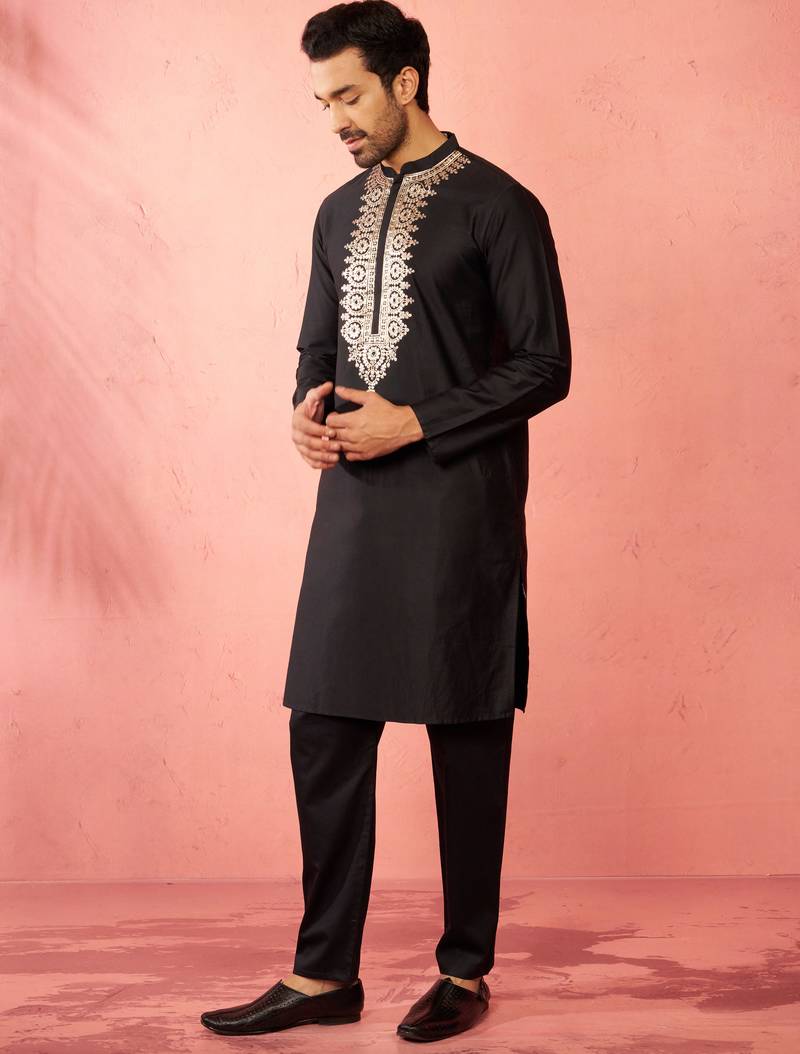 Black fine satin kurta with pyjama - traditional embroidered festive set